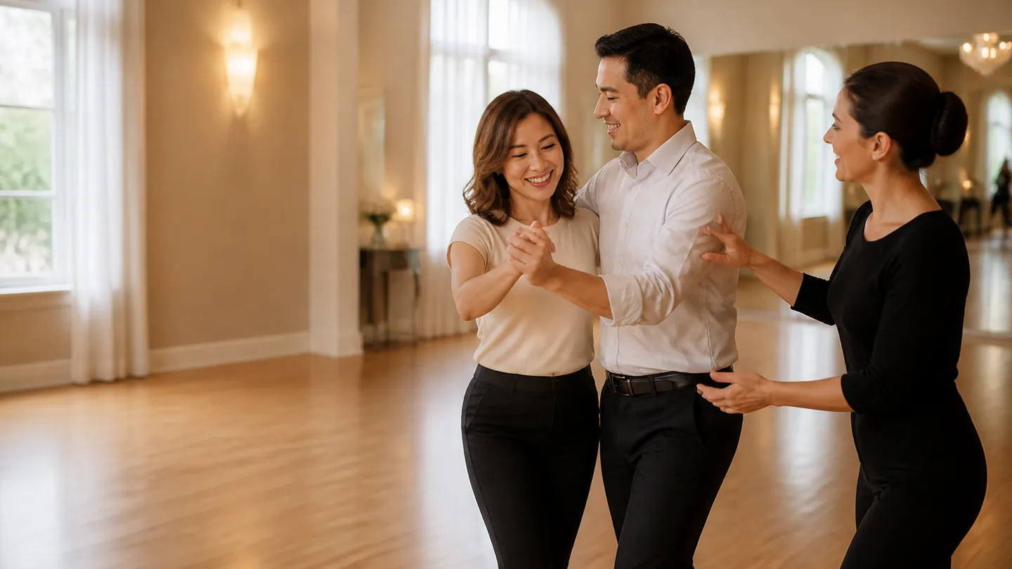 A couple practices their first dance with guidance from an instructor.